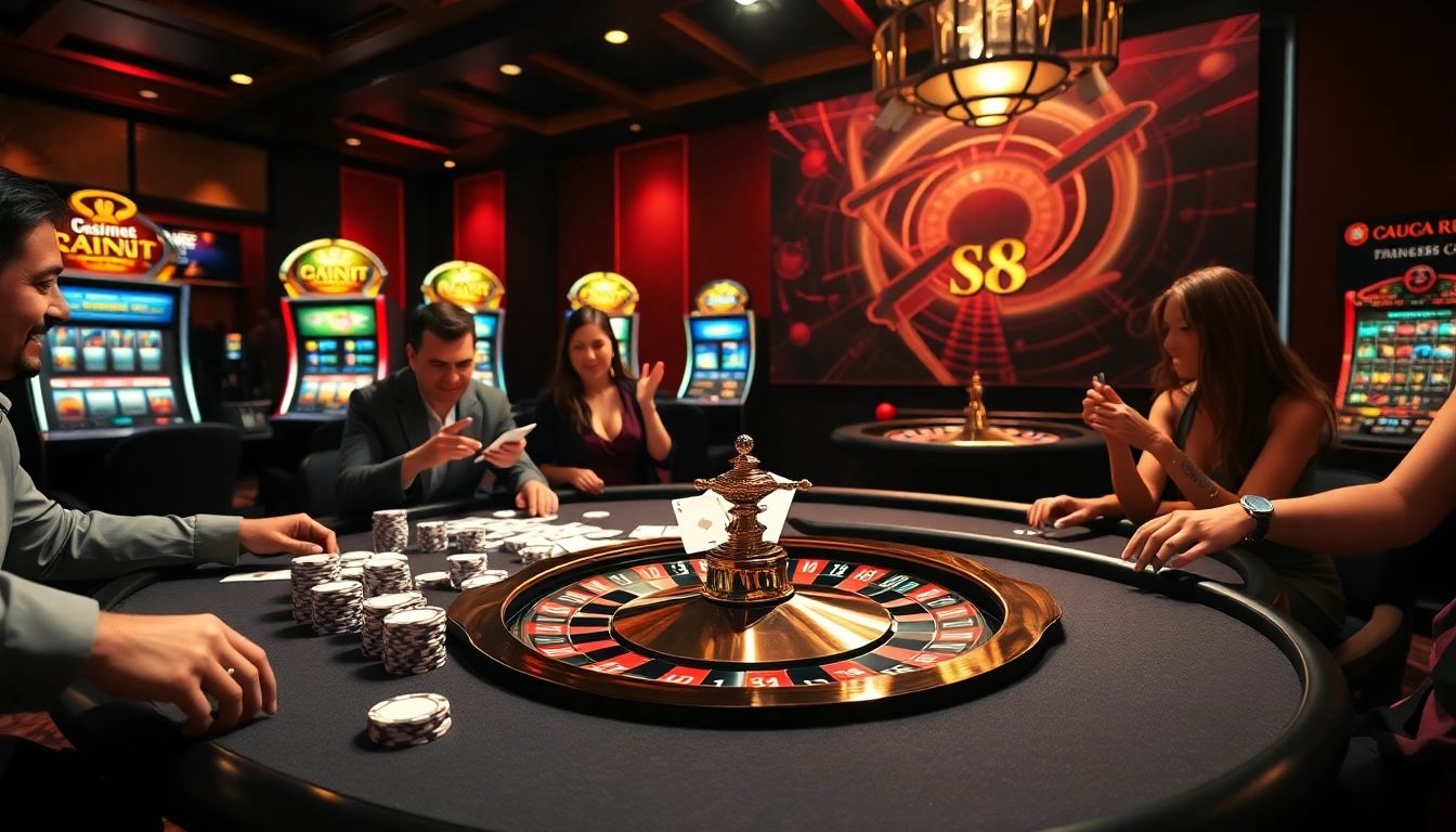 Engage with the excitement of nhà cái uy tín s8 at a vibrant casino table filled with poker chips and players.
