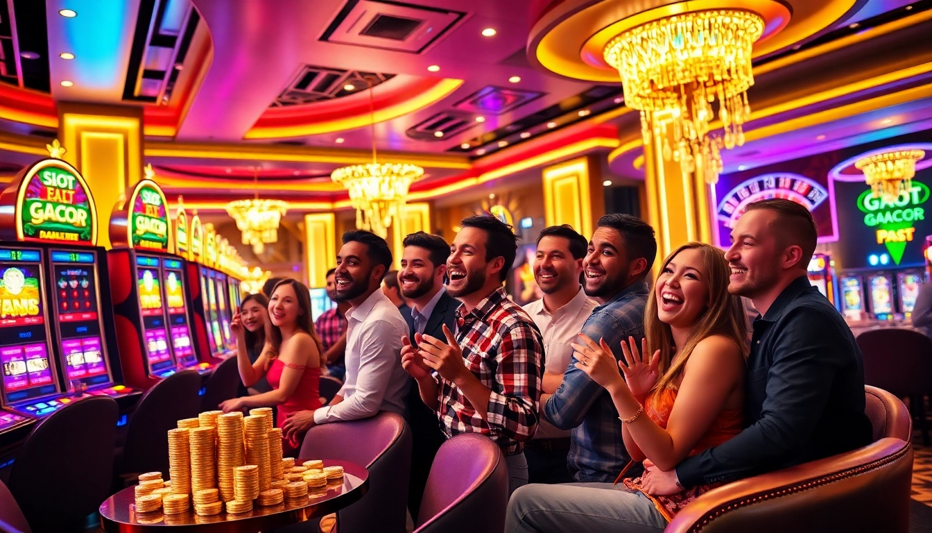 Excited players enjoying "slot gacor" machines in a luxurious casino atmosphere with vibrant lights.