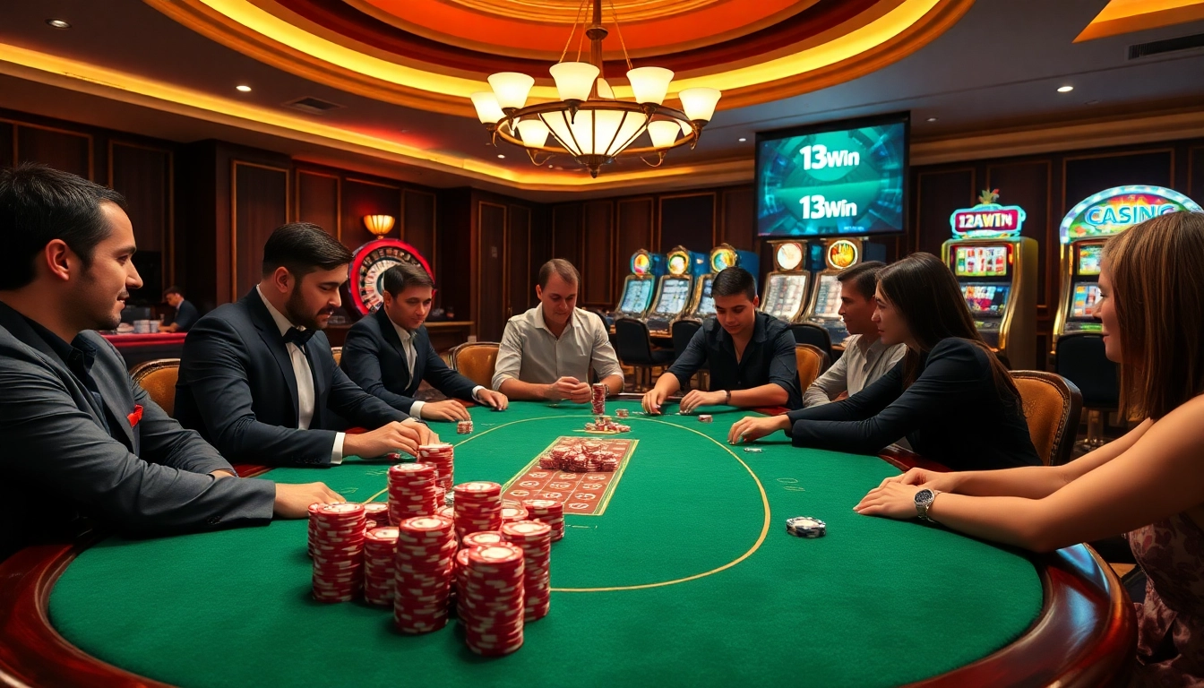 Players enjoying an exciting game at 13Win's luxurious casino, featuring poker and roulette tables.