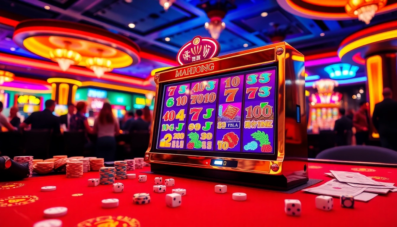 Putar mesin slot Mahjong yang menarik dan nikmati permainan seru dalam adegan kasino yang penuh warna ini.