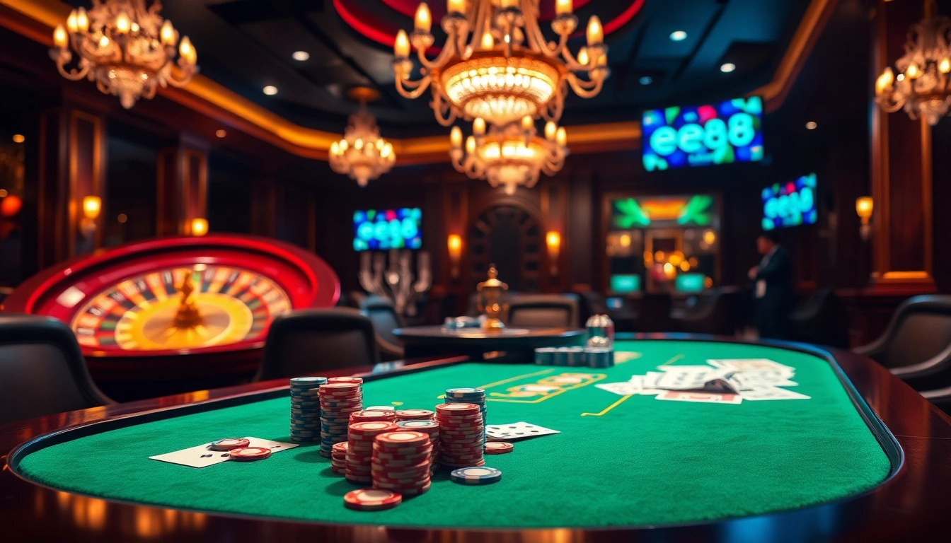 Engaging scene of a luxurious poker table showcasing the thrill of ee88 sòng bài with vibrant colors and elegant design.