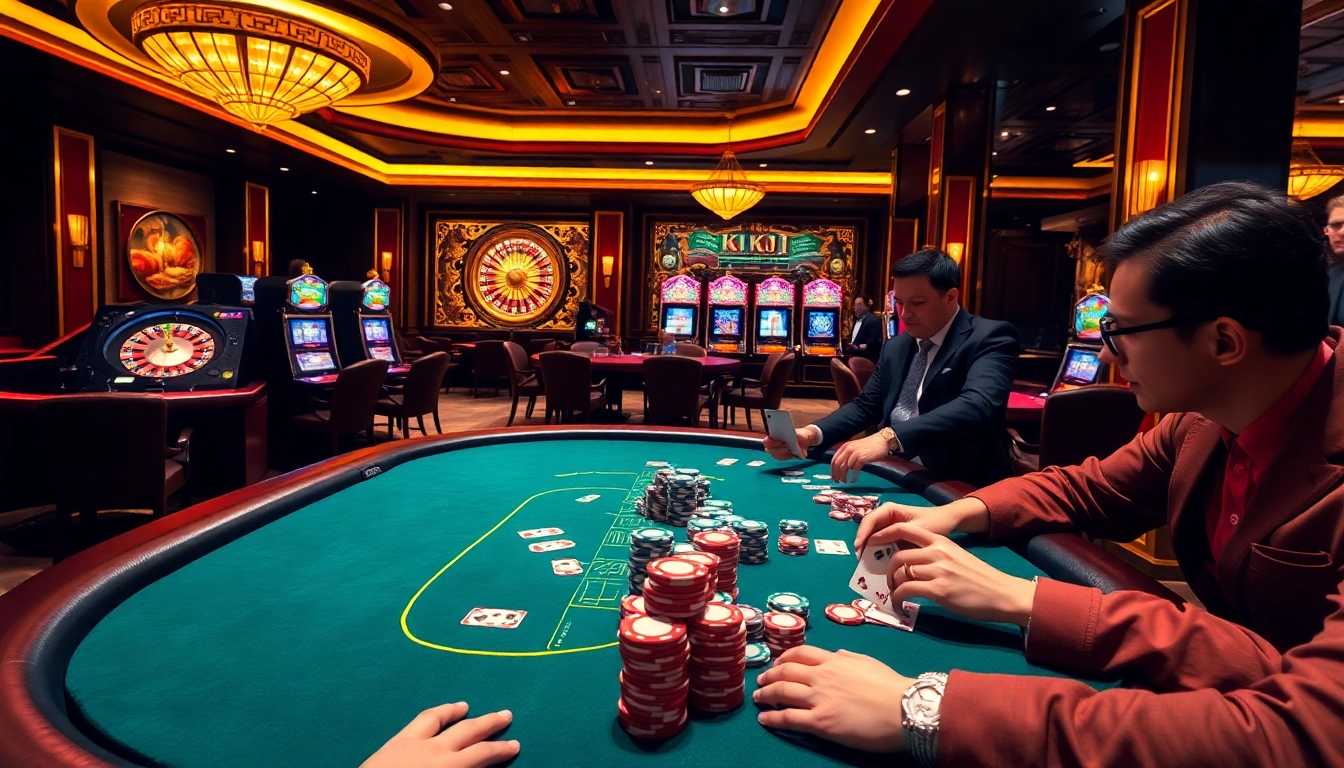 Players experience the excitement of gambling at KJC's luxurious poker table in a vibrant casino.