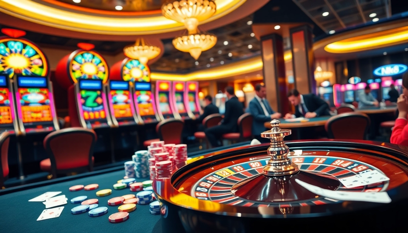 Engaging scene of NK88 casino gaming with poker chips, roulette wheel, and players.