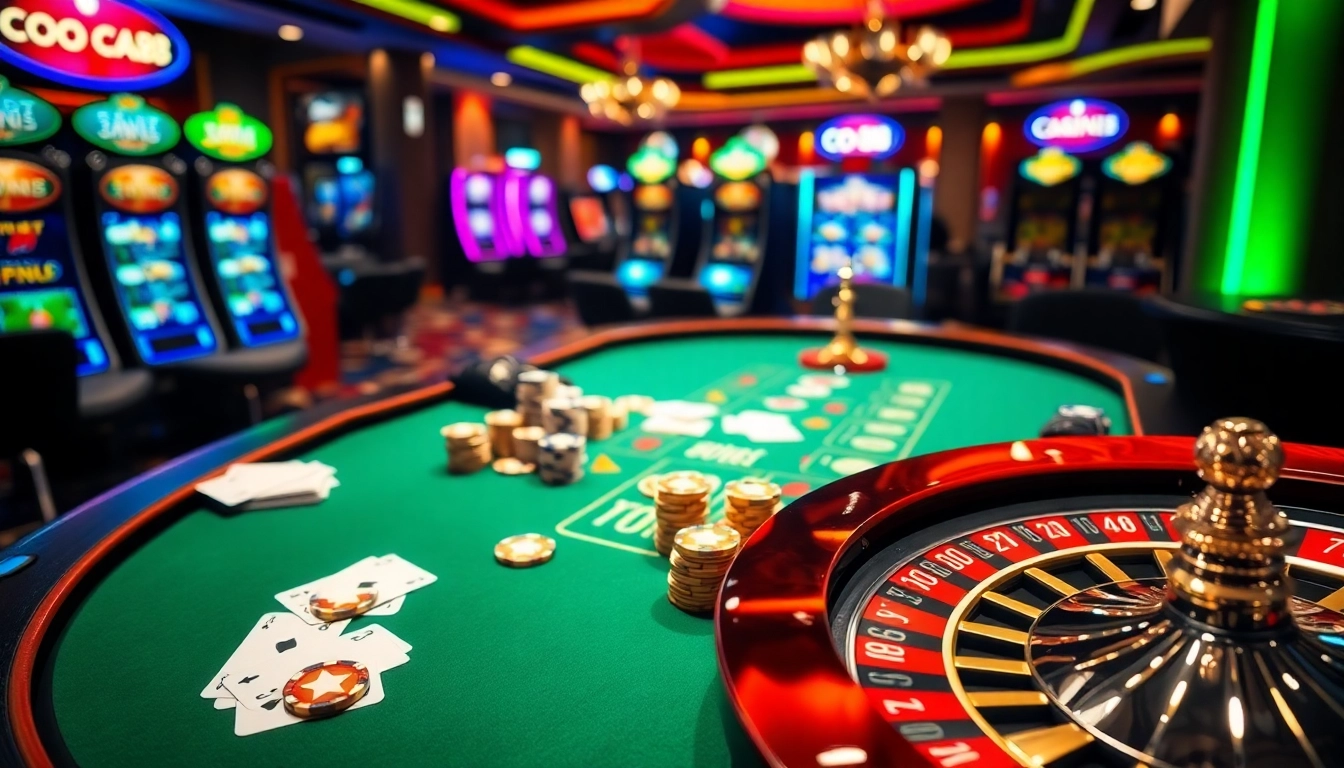 Join the thrilling action at Co88 with a vibrant casino scene, featuring tables and gaming excitement.