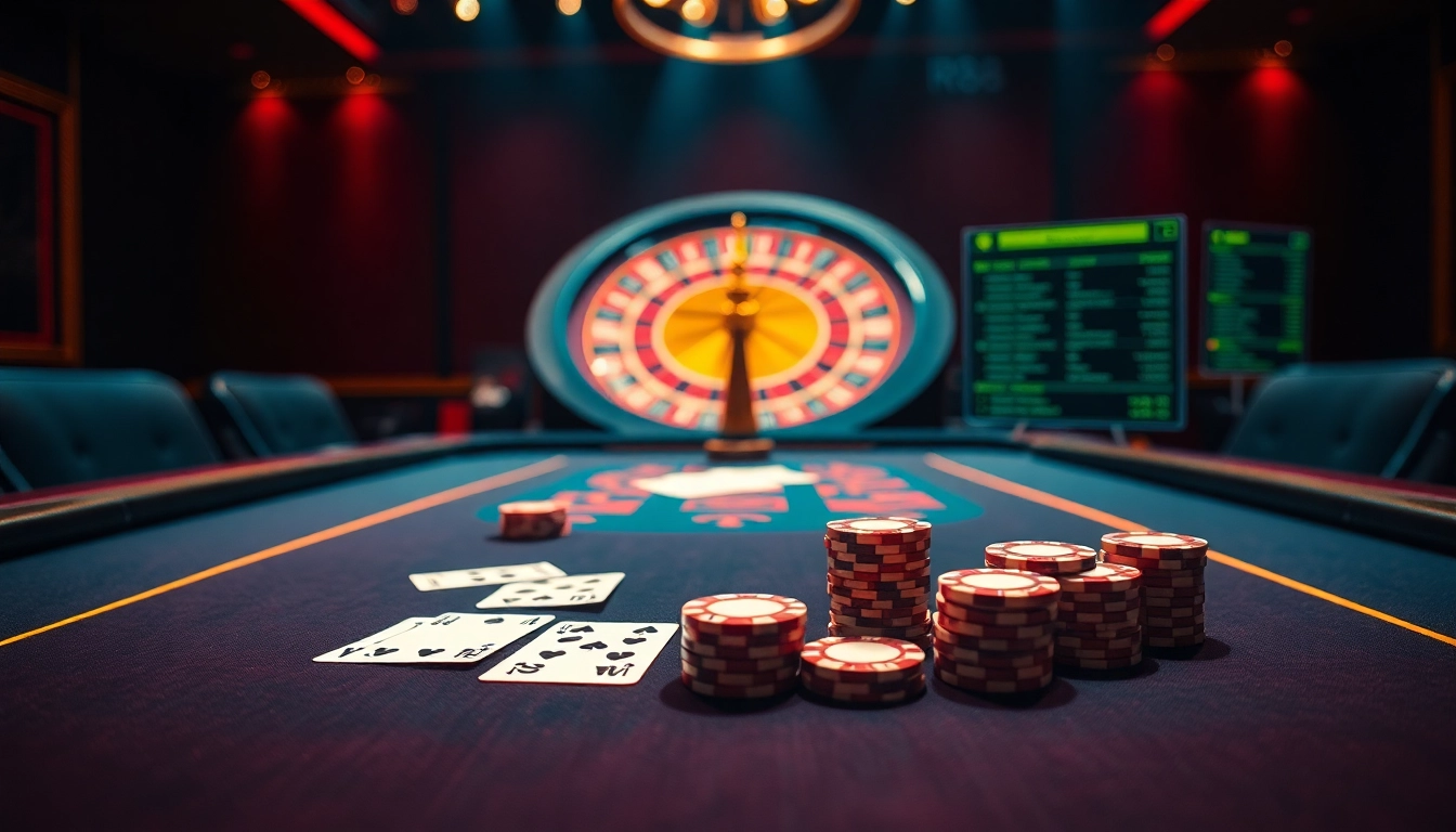 Experience the thrill of RR88 casino gaming with a vibrant poker table, roulette wheel, and betting slips.