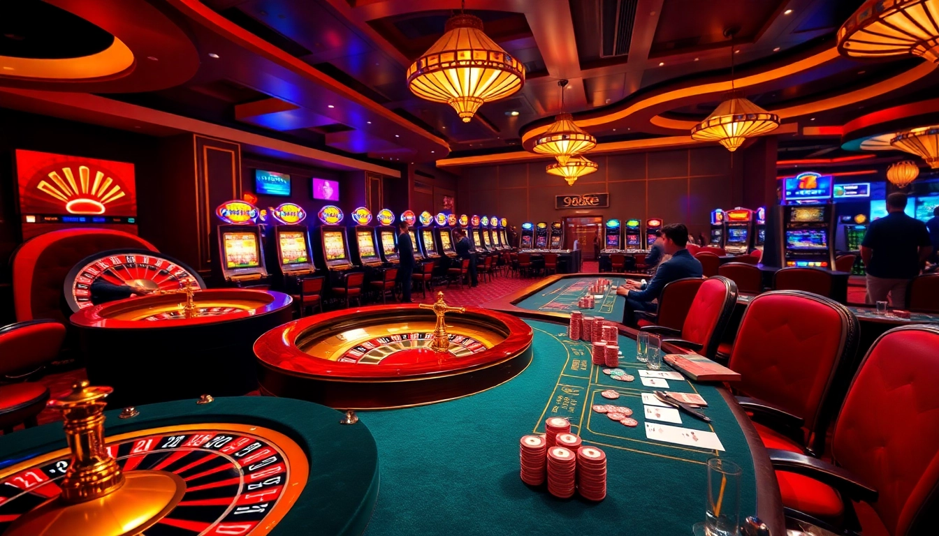 Experience 99oke with vibrant casino games, roulette, and poker tables in a luxurious setting.