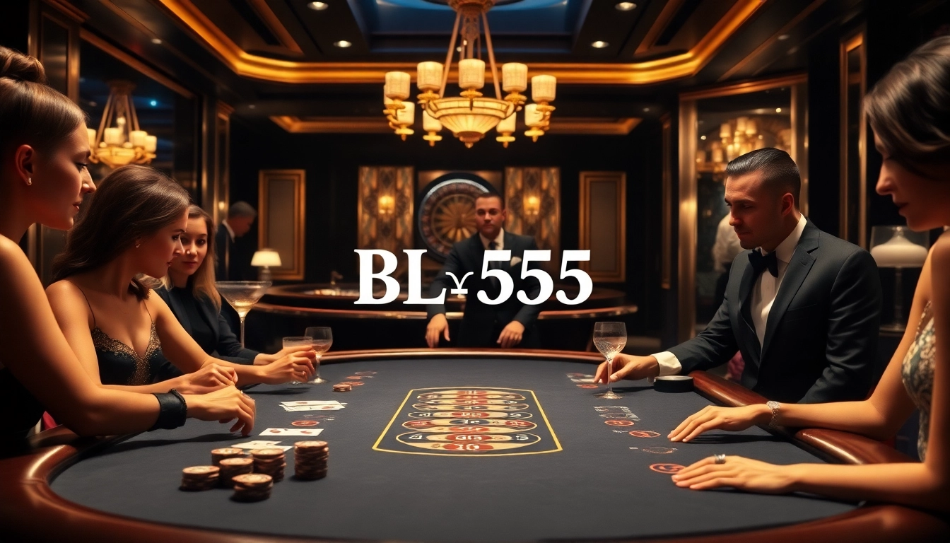 Players compete at a professional BL555 poker table surrounded by luxury and excitement.