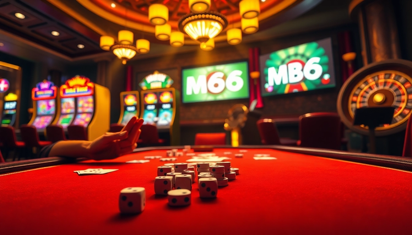 MB66 table games excitement with poker chips and flashing lights at a luxury casino