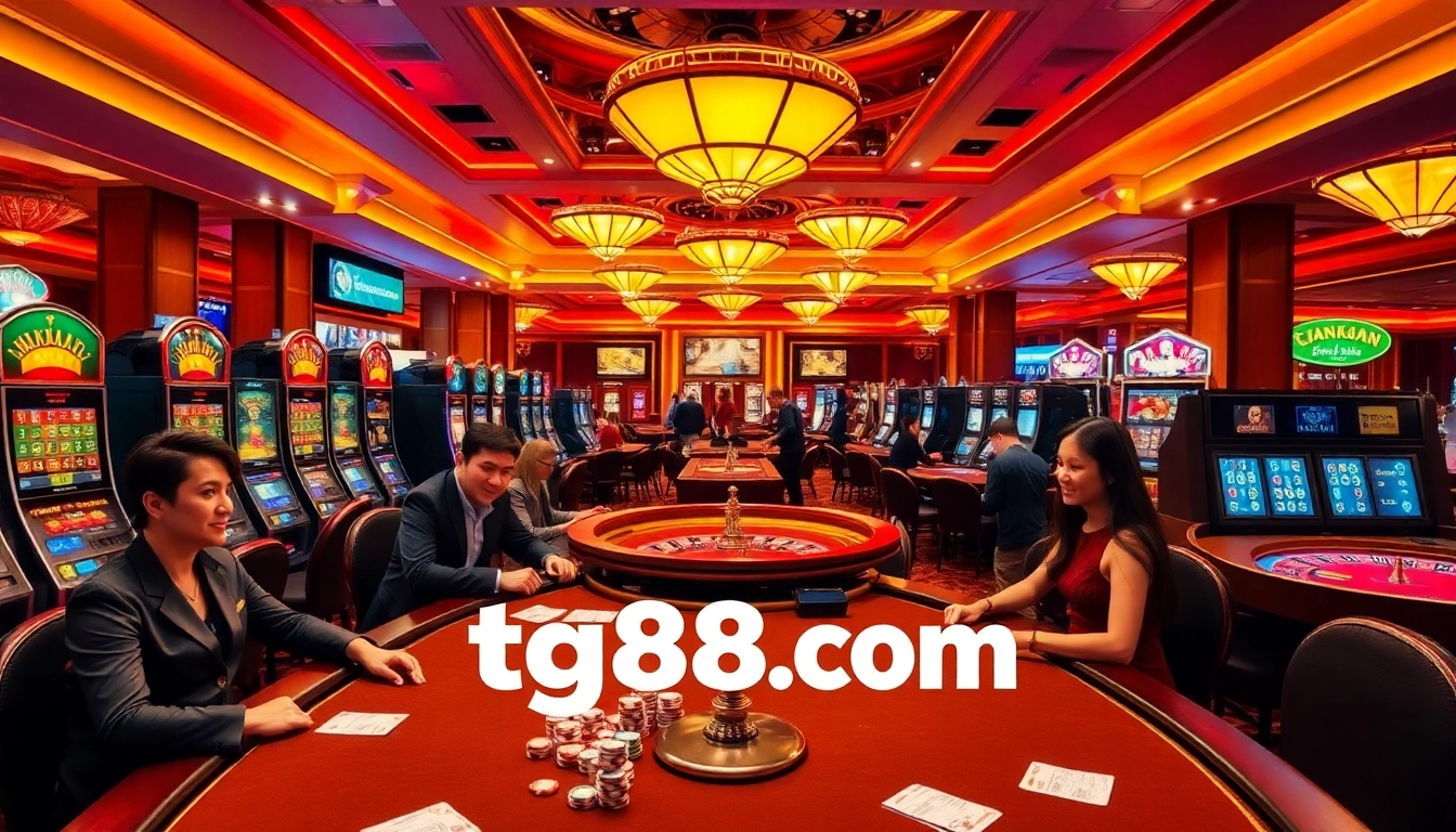 Engaging players enjoying various games at tg88.com casino with vibrant slot machines and tables.