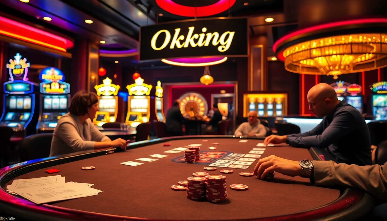 Engage in high-stakes poker action at Okking casino, featuring vibrant chips and strategic gameplay.