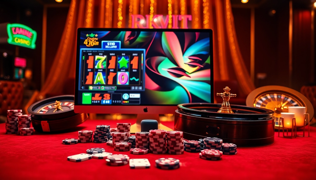 Engage with thrilling online gaming at Rikvip featuring poker chips, cards, and vibrant slot machines.