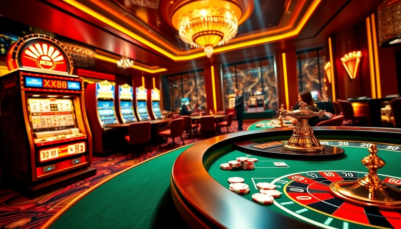 Experience high-stakes excitement at XX88 with vibrant casino tables, cards, and roulette wheels.