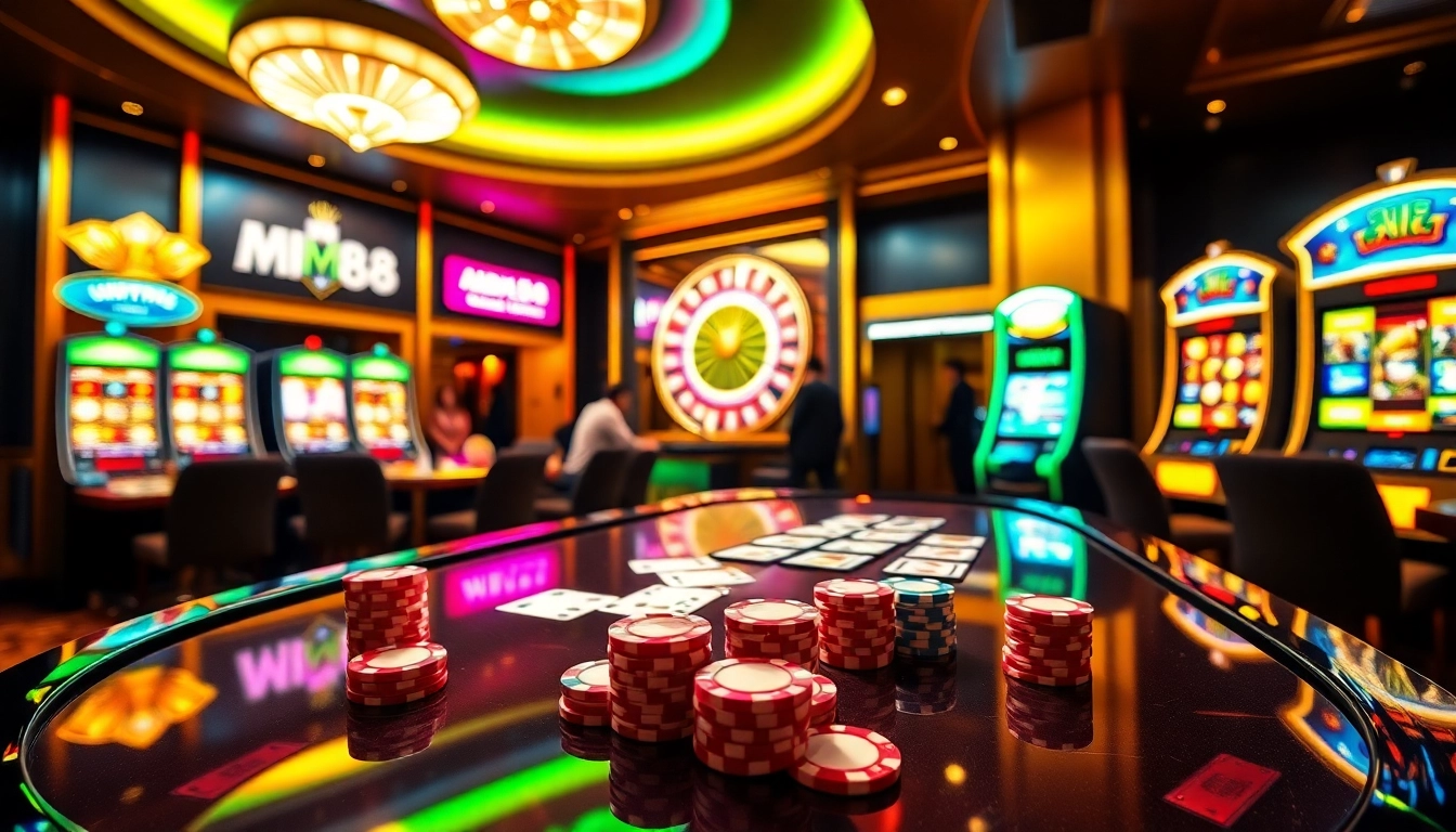 Excited players at MM88 casino table with chips and cards during a thrilling game.