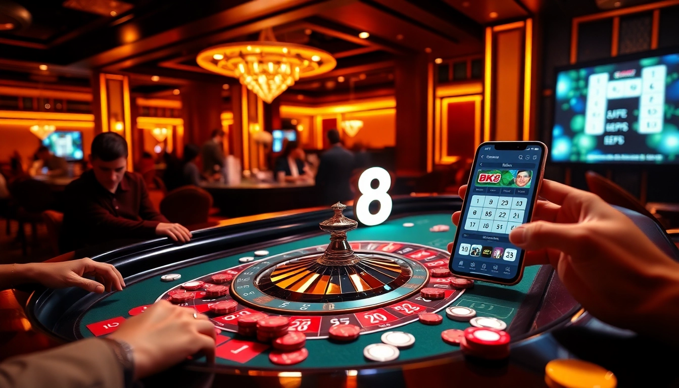 Experience the excitement of BK8 at a luxurious casino table with vibrant chips and eager players.
