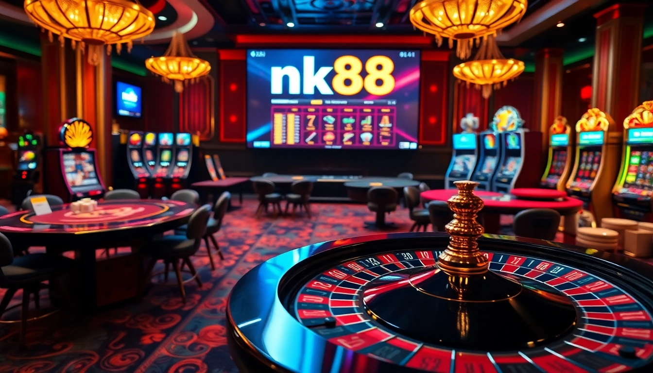 Engage with nk88 at a luxurious casino, featuring vibrant slot machines and a roulette wheel.