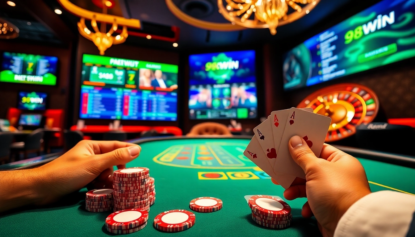 Engaging blackjack gameplay scene showcasing 98win poker chips and cards in action.