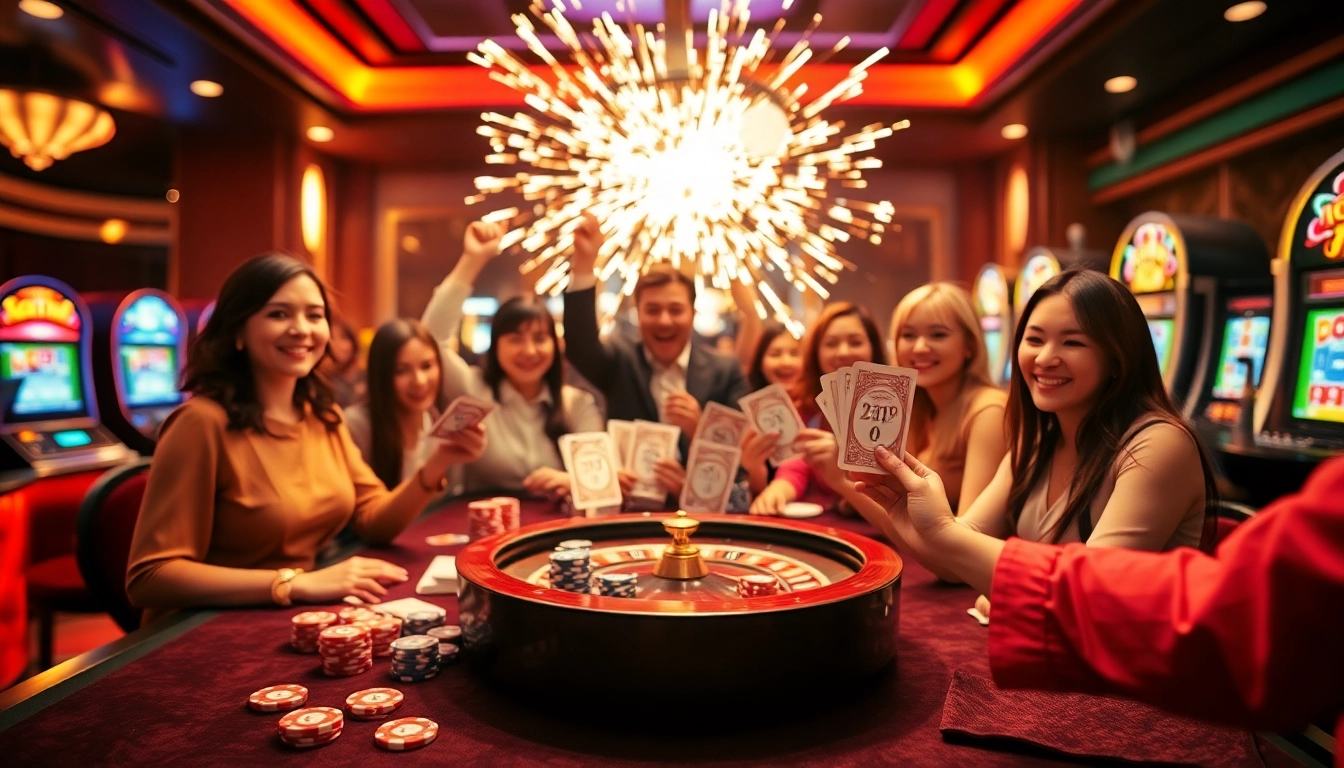 Celebration following an explosion of a prize-winning lottery, featuring excited gamblers at a casino table.