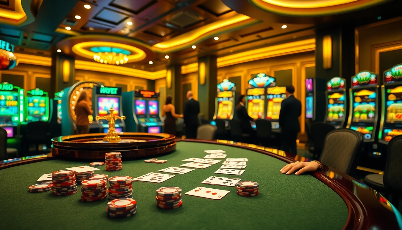 Engage in an exciting poker game at HAYBET with vibrant poker chips and luxurious casino elements.