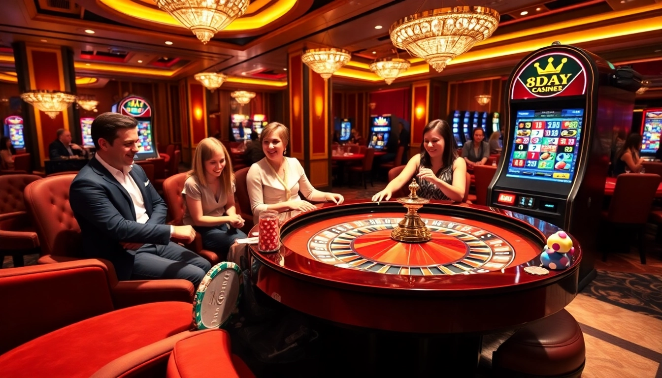 Experience the excitement of winning at the 8DAY casino with vibrant gaming and joyful players.