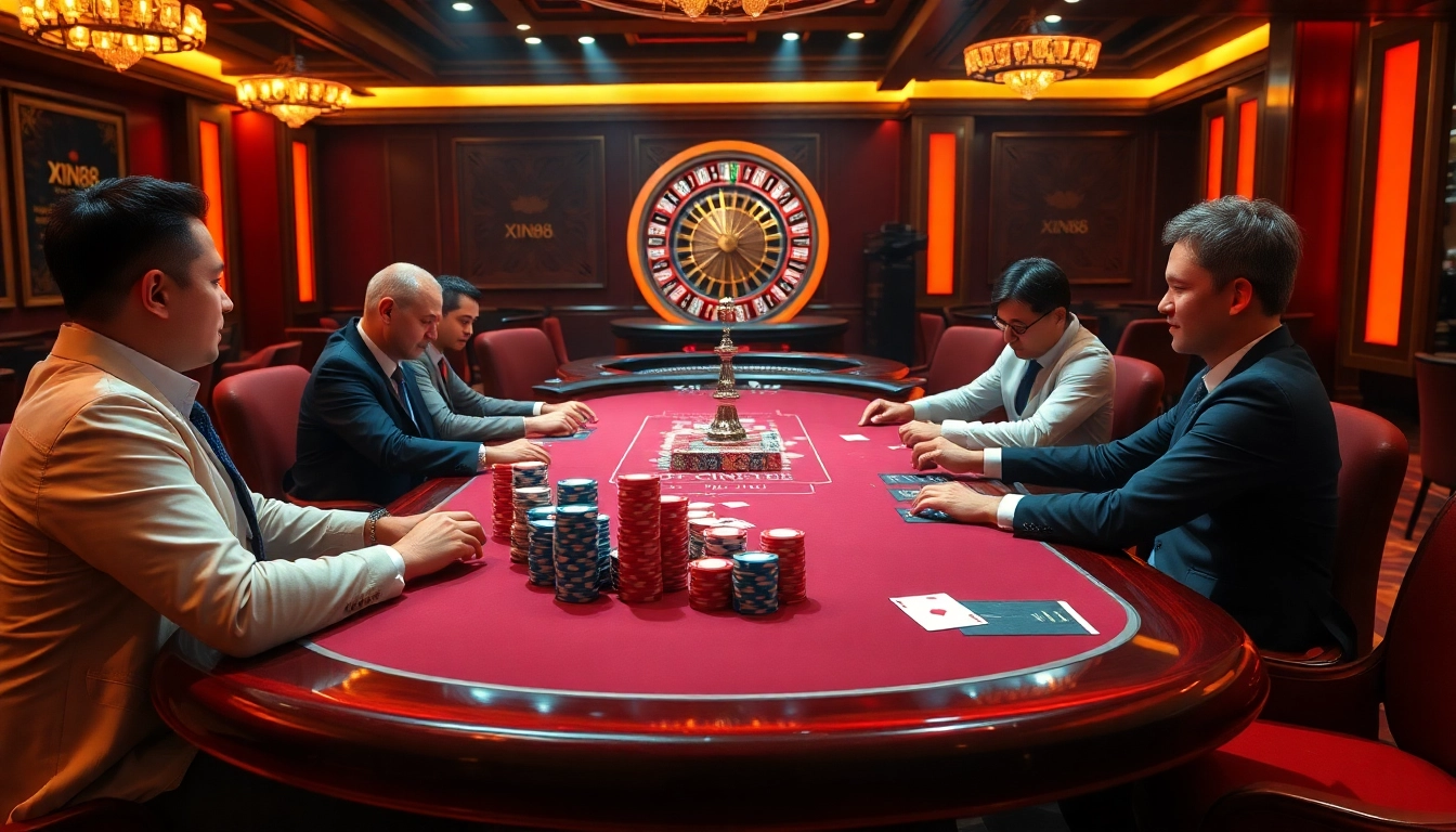 Xin88 casino scene with poker players, vibrant chips, and roulette wheel highlighting excitement.