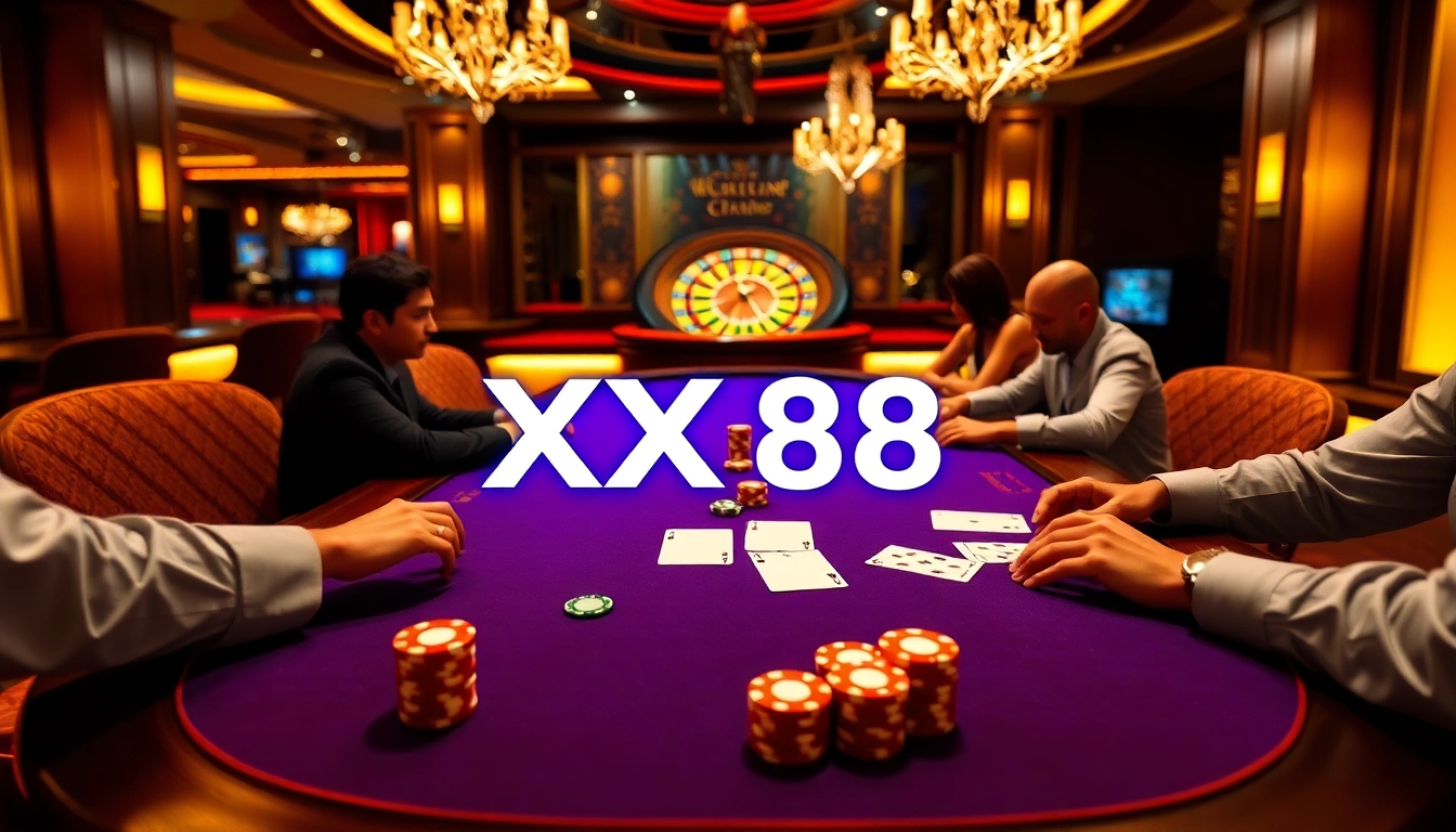Players at a high-stakes poker table with vibrant chips, embodying the excitement of XX 88 gaming.