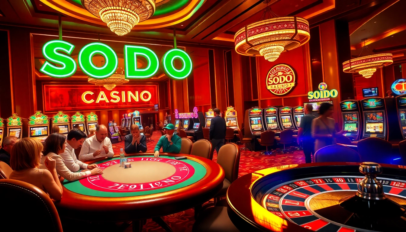 SODO CASINO captivating players at a luxurious poker table surrounded by colorful slot machines.