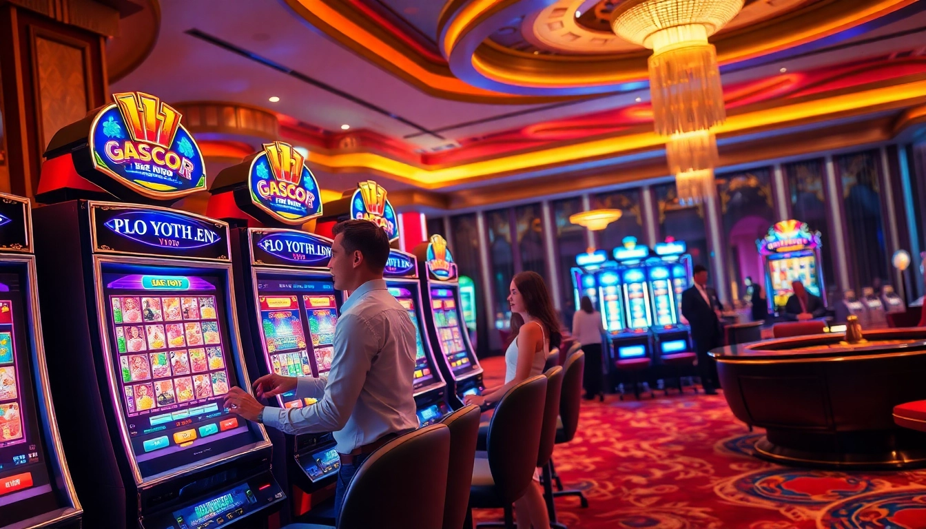 Players enjoying slot gacor experience in a luxurious casino environment with vibrant slot machines.