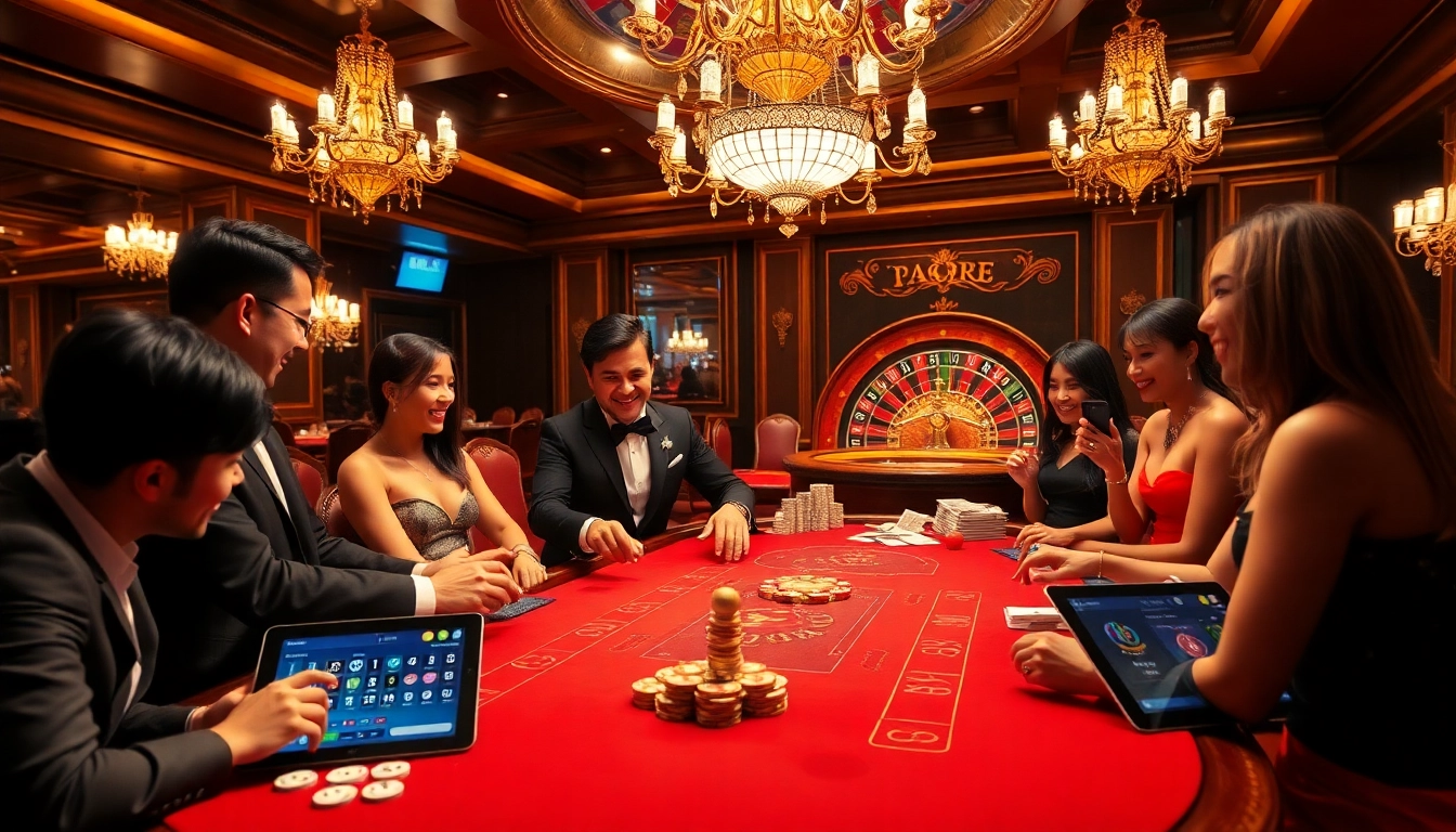 An exciting casino scene at https://ta88.la/ showcasing players enjoying card games, with vibrant lights and professional dealers.