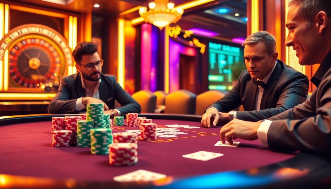 Engaged players at 789win1.black poker table, experiencing high-stakes excitement with vibrant casino atmosphere.