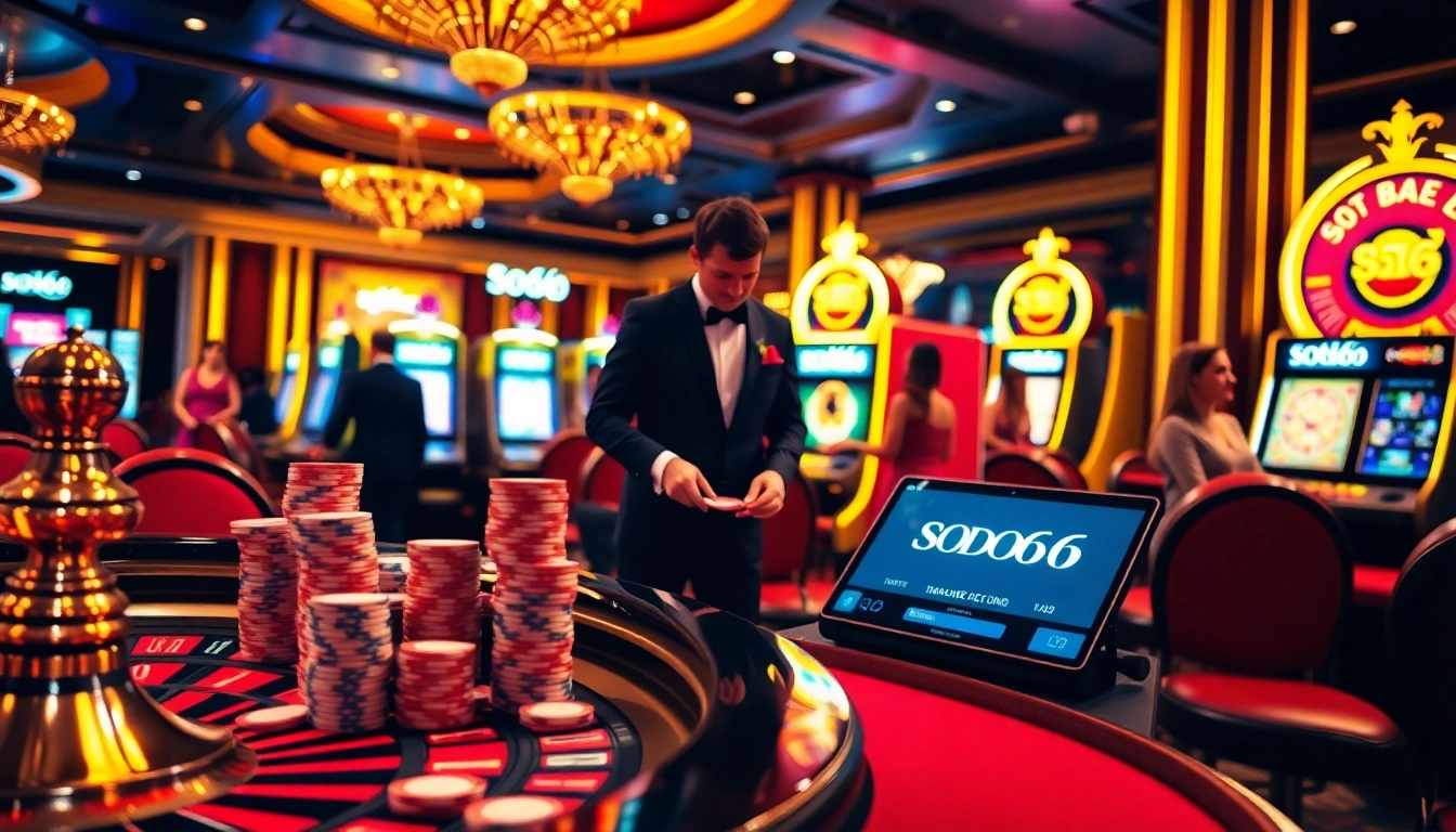 SODO66 players enjoying a thrilling poker game at a vibrant casino table.