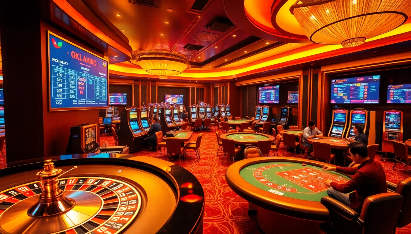 Players enjoying exciting games at OKFUN casino, featuring roulette wheels and vibrant slot machines.