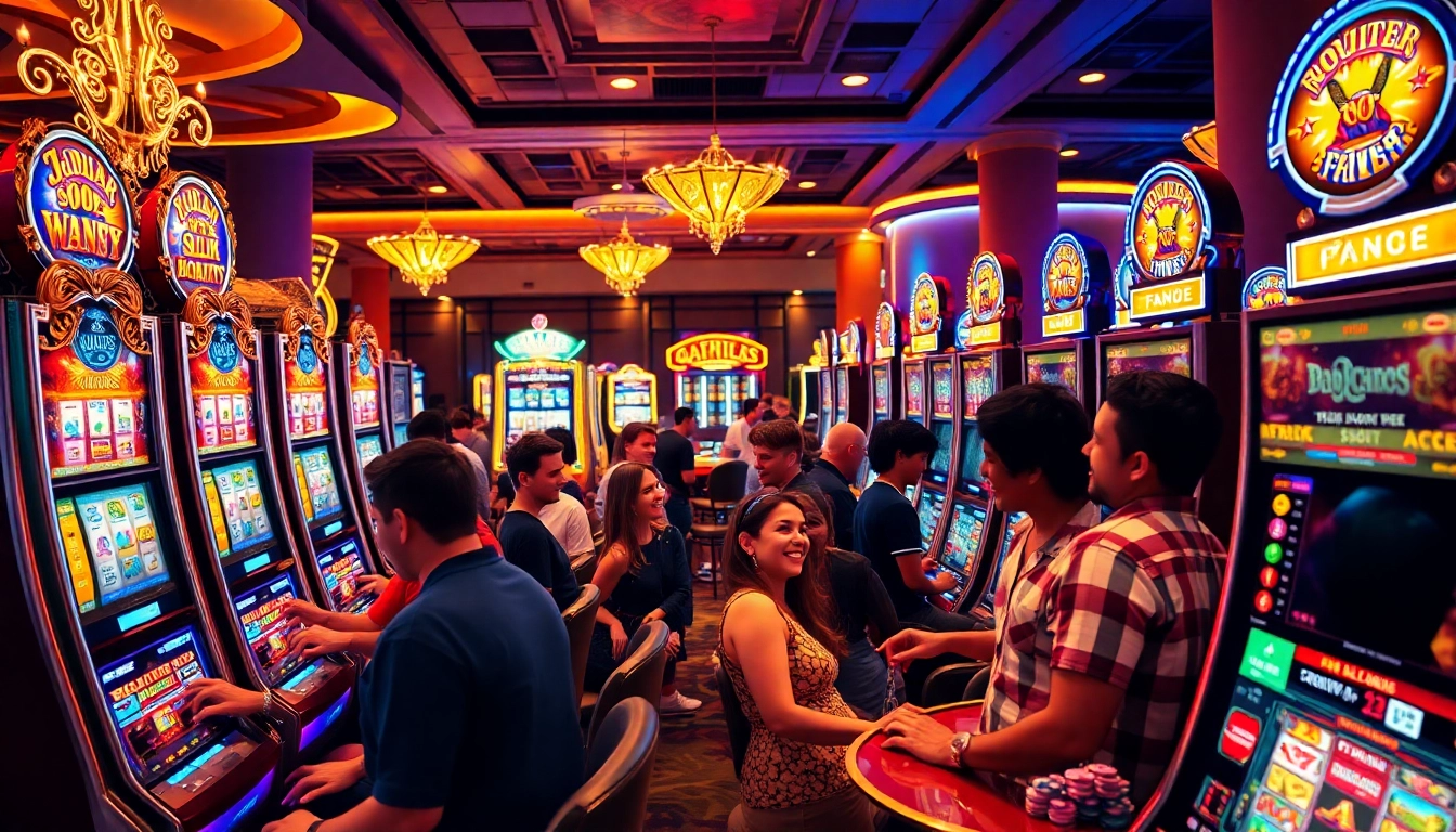 Players enjoying slot gacor games at a luxurious casino with vibrant slot machines.