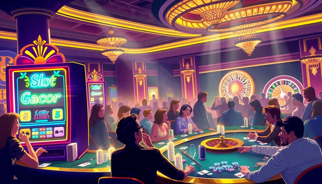 Players enjoying slot gacor machines in a vibrant casino atmosphere filled with excitement.