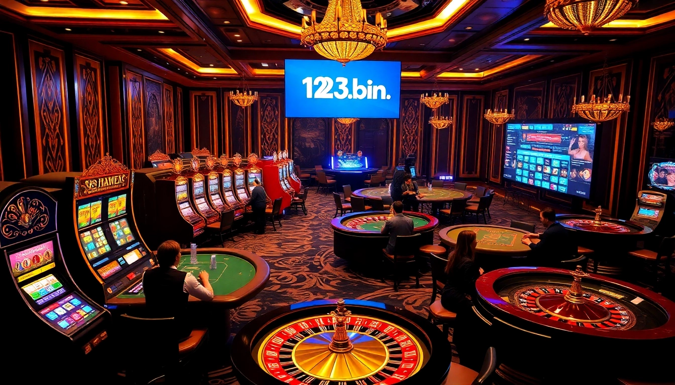 Players enjoying exciting games at 123b.ing online casino, showcasing vibrant slot machines and poker tables.