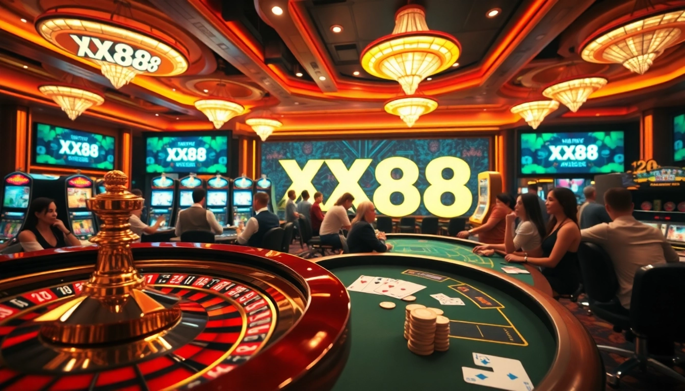 Engaging casino scene with gamers at XX88, showcasing roulette and poker excitement.