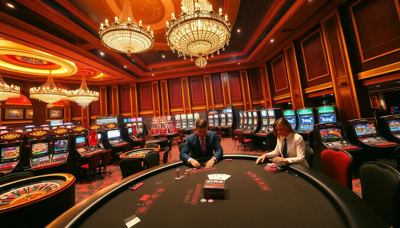 Experience the excitement of FEBET with players betting at luxurious casino tables surrounded by vibrant slot machines.