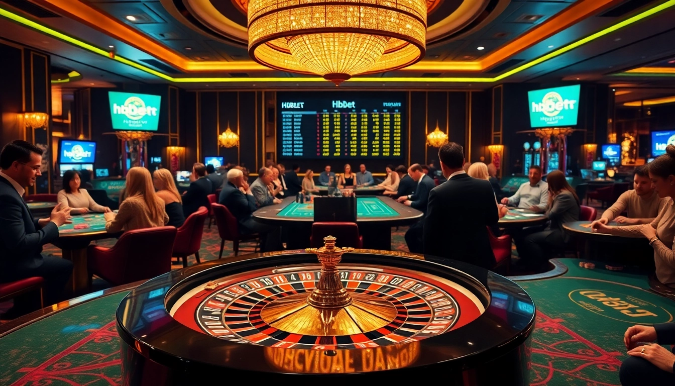 Experience vibrant casino action at hbbet featuring roulette, chips, and excited players.