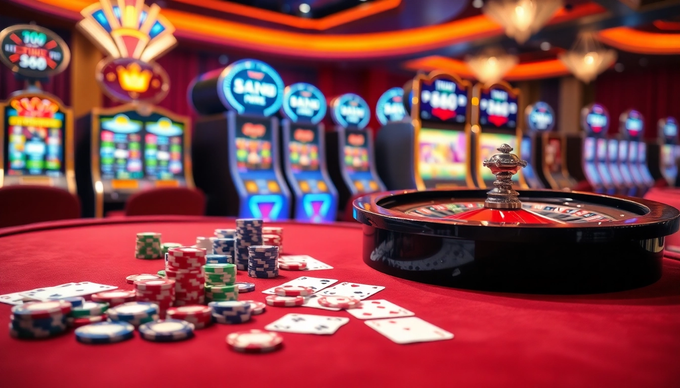 Exciting casino scene showcasing 88nn's luxurious gaming tables and dynamic slot machines.