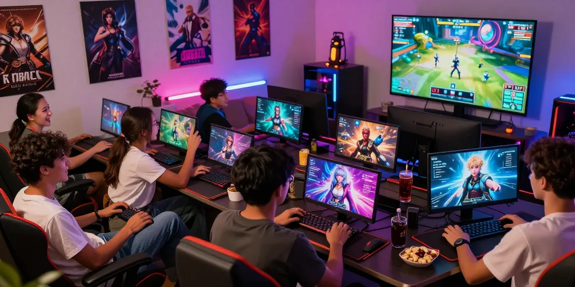 Dynamic scene showcasing players enjoying android hentai games on various devices in a lively gaming environment.