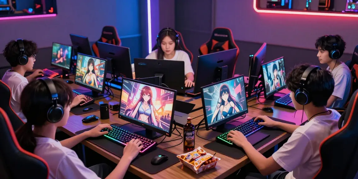 Players enjoying a variety of hentai games in a lively gaming lounge with vibrant decor.