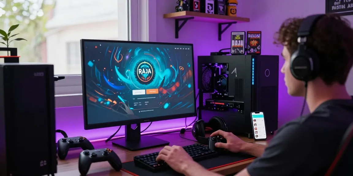 Raja Game login screen with a player interacting in an interactive gaming setup.